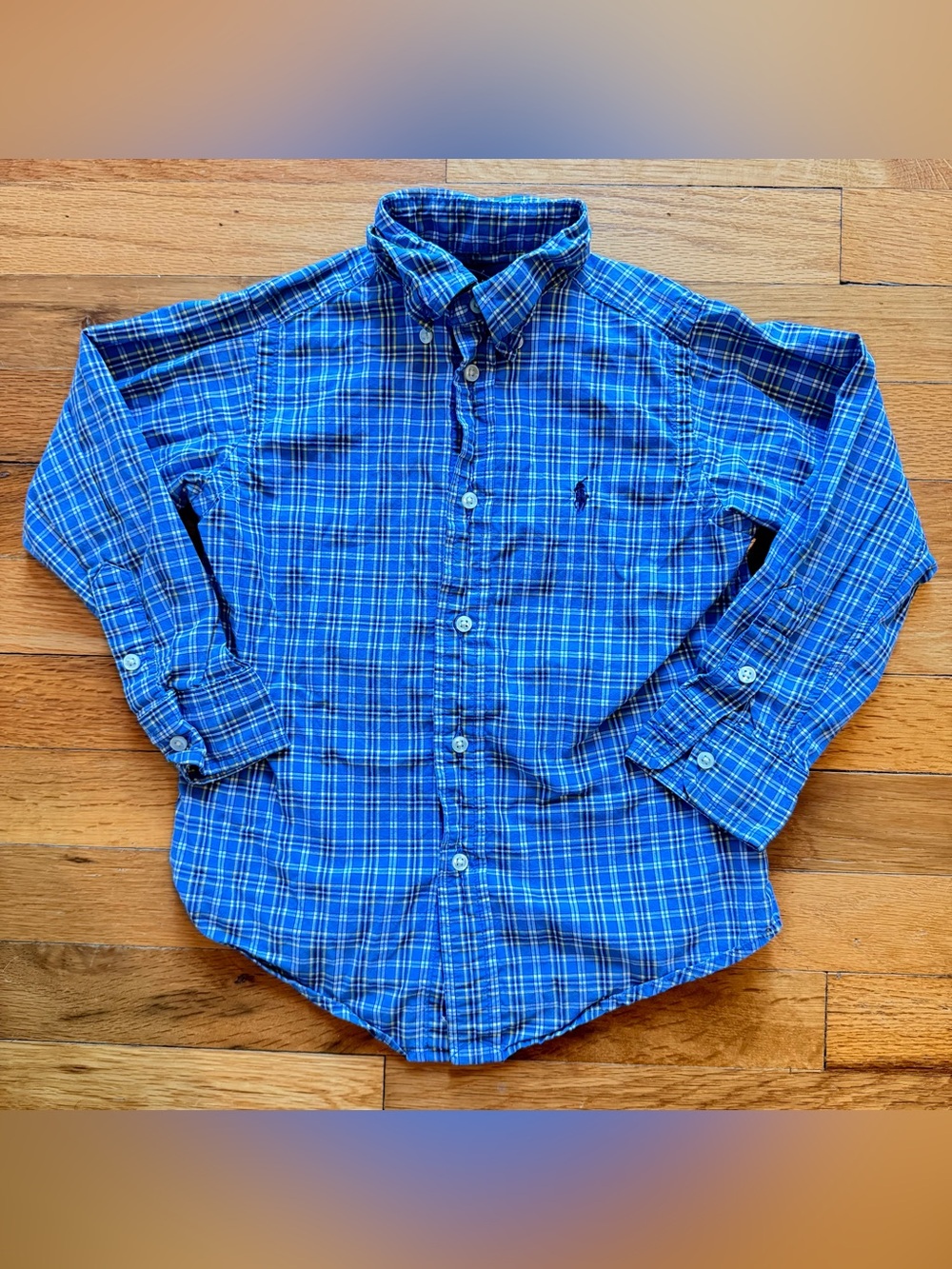 Ralph Lauren Button Collared Long Sleeve Kids size 4 Blue Plaid